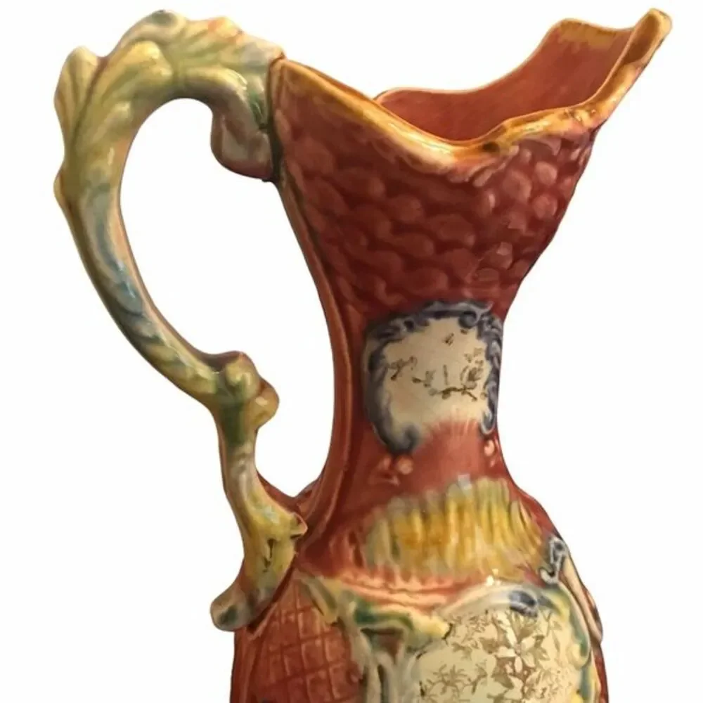 Majolica Ewer Ceramic Floral Pottery Vase/Pitcher 825 Rose Color Vintage‎